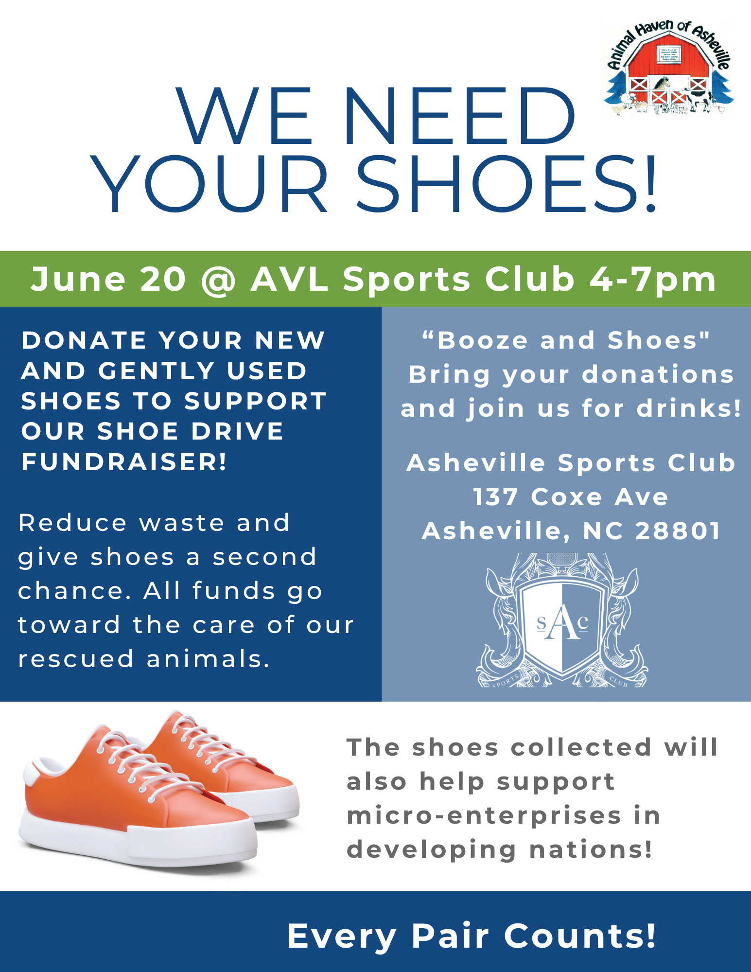 Shoe drive flyer for Animal Haven of Asheville at Asheville Sports Club